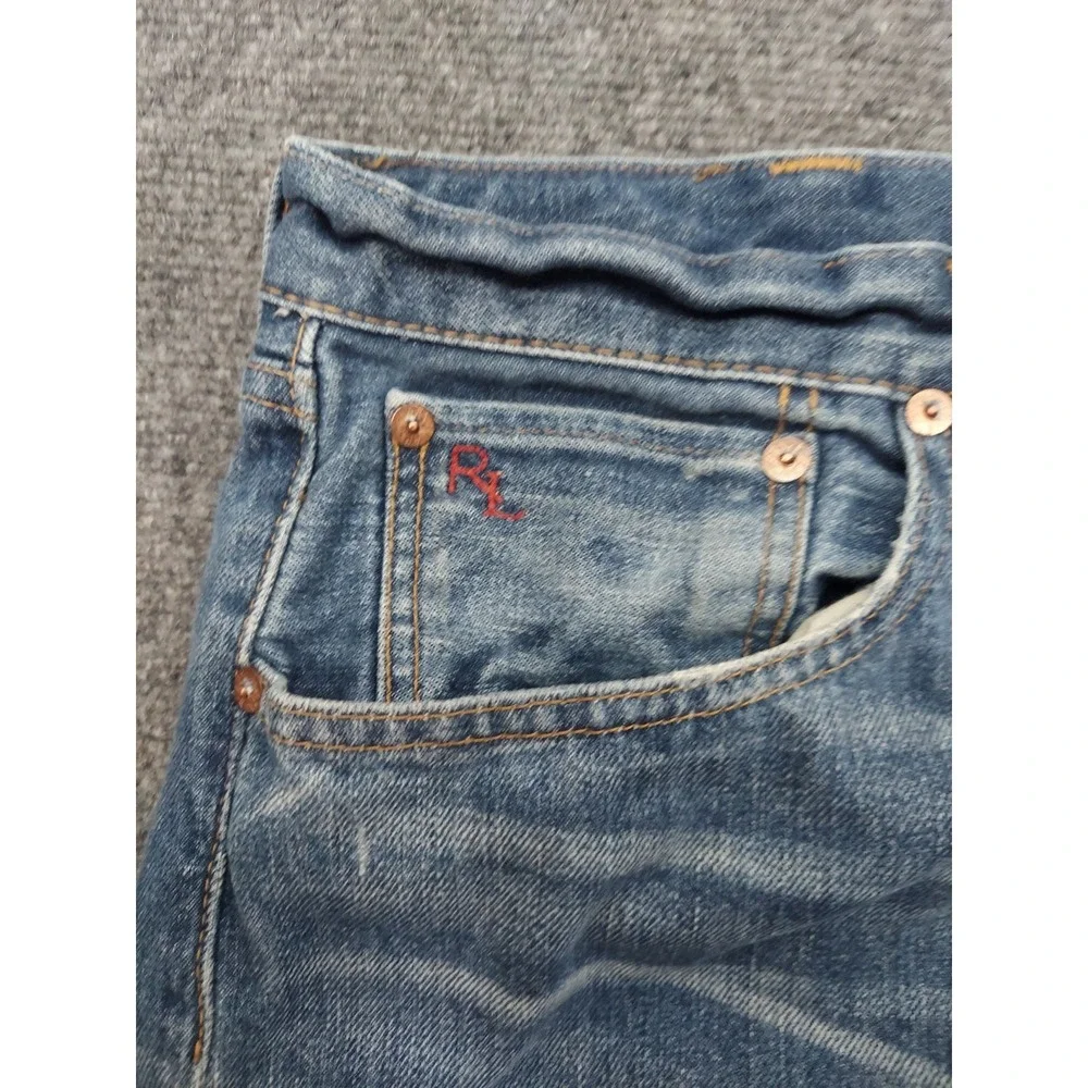 POLO RALPH LAUREN Jeans Mens 38x30 Blue Whiskered Classic Fit Leather Patch